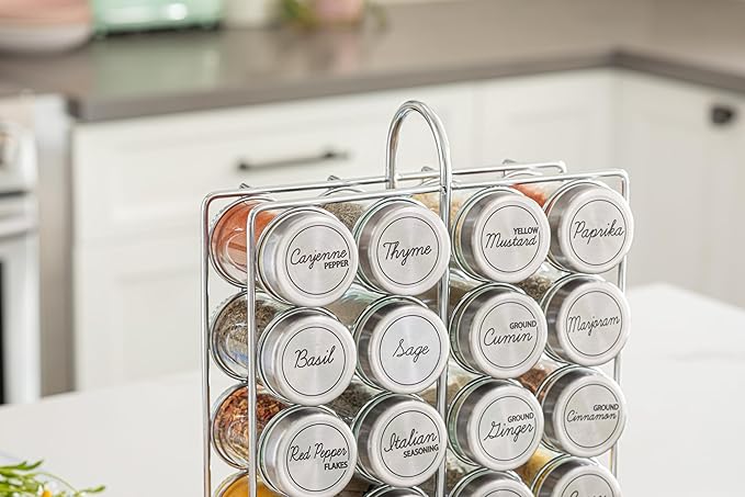 Orii 20 Jar Spice Rack Stainless Steel with Spices Included - Standing Rack Shelf Holder & Countertop Spice Rack Tower Organizer for Kitchen Spices