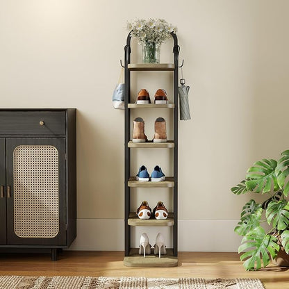 6 Tier Vertical Shoe Rack, Adjustable Shelves, Tall Wooden Narrow Shoe Rack with Hooks for Small Space Entryway Living Room