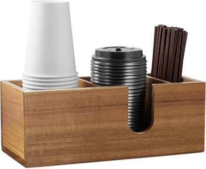 ALELION Acacia Wood Coffee Cup Holder for Countertop - Wood Coffee Bar Accessories and Organizer - Coffe Station Organizer for Cup Lid Stirrers Pod