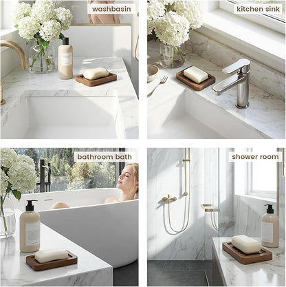 2PCS Self Draining Soap Holders, Rustic Slotted Bamboo Dish Tray, Easy Cleaning Wooden Soap Dish for Shower, Bathroom, Kitchen Sponges, Bath Tub, Packed in A Case (Walnut Style)