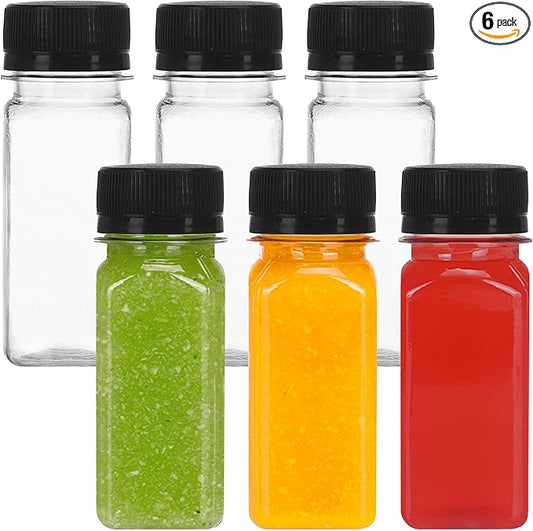 Moretoes 6pcs 2oz Plastic Shots Bottles with Caps, Plastic Juice Bottles with Lids, Clear Reusable Water Bottles, Ginger Shots, Leak Proof, Disposable Beverage Containers for Juicing, Smoothie, Milk
