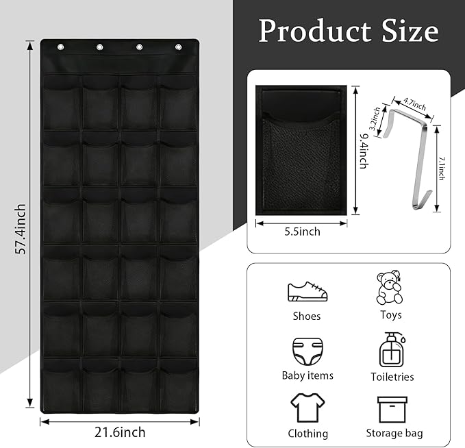 Over the Door Shoe Organizer, 24 Large Breathable Mesh Pockets, Space Saving Hanging Storage, Holds Up to 40 lbs, Hangs on Closets for Shoes, Accessories, Black