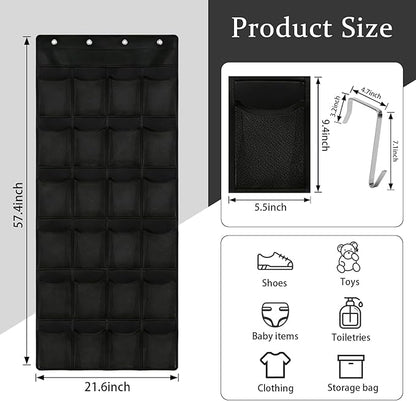 Over the Door Shoe Organizer, 24 Large Breathable Mesh Pockets, Space Saving Hanging Storage, Holds Up to 40 lbs, Hangs on Closets for Shoes, Accessories, Black
