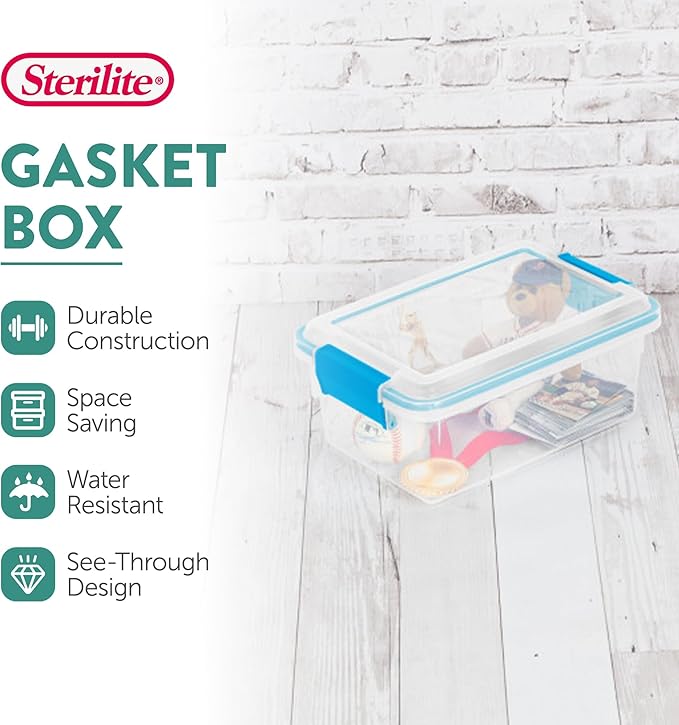 Sterilite 6-Pack Gasket Box, Weather-Resistant Storage Bins with Latching Lids, 7.5 Quart - Heavy-Duty Organizing Containers for Closet, Bathroom, and Office
