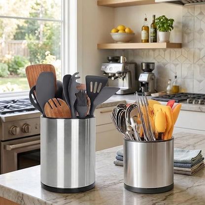Nigelia Set of 2, Extra Large Kitchen Utensil Holder, 360° Rotating Stainless Steel Cooking Utensil Holder for Countertop, 3 Compartment Flatware Organizer (Silvery)