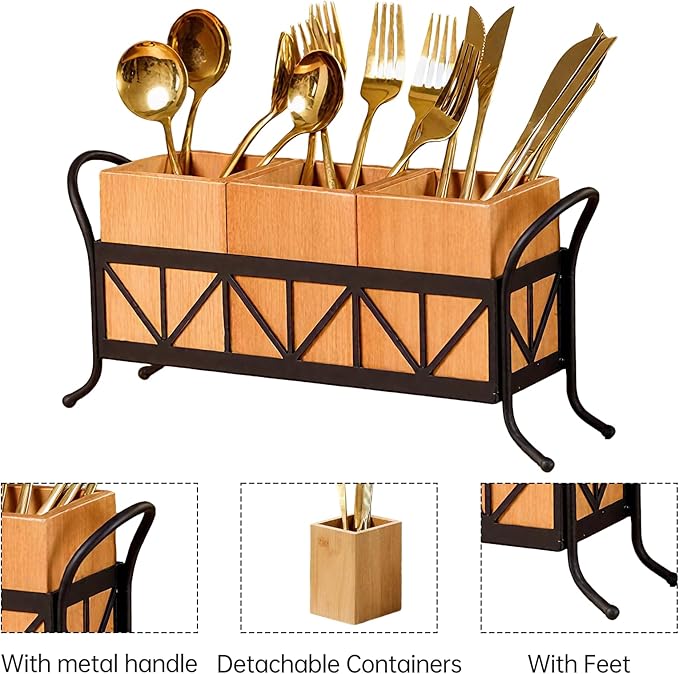 Garvee Acacia Wood Utensil Holder, Waterproof Wooden Flatware Caddy Silverware Holder with 3 Detachable Compartments & Handles, Fork Spoon Knife Organizer for Party BBQ