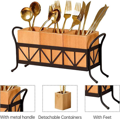 Garvee Acacia Wood Utensil Holder, Waterproof Wooden Flatware Caddy Silverware Holder with 3 Detachable Compartments & Handles, Fork Spoon Knife Organizer for Party BBQ