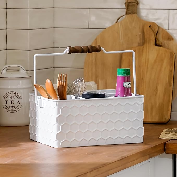Silverware Caddy for Party Kitchen Flatware Holder for Countertop Metal White Honeycomb Pattern Embossed Cutlery Organizer with 4 Compartments for Utensils, Spoons, Knives, Forks