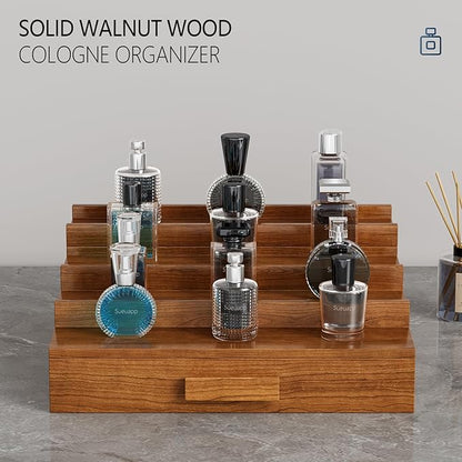 Cologne Organizer for Men,4 Tier Walnut Wood Cologne Stand,Cologne Shelf Display Holder with Hidden Storage and Drawer,Perfume Stand Organizer Great Gifts for Men