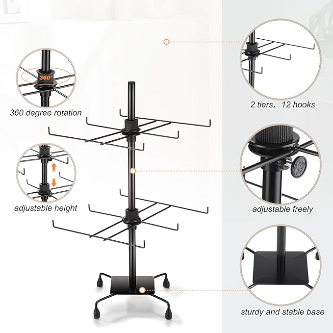 RattanView 2 Pcs Jewelry Rotating Display Stand Adjustable Metal Earrings Bracelet Display Rack Hanging Jewelry Spinning Organizer Tree with Hooks for Vendor Events Selling (2 Tier,Black)