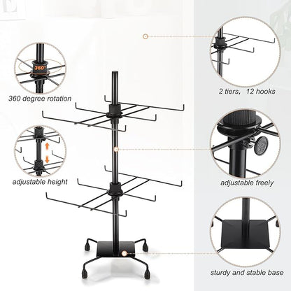 RattanView 2 Pcs Jewelry Rotating Display Stand Adjustable Metal Earrings Bracelet Display Rack Hanging Jewelry Spinning Organizer Tree with Hooks for Vendor Events Selling (2 Tier,Black)