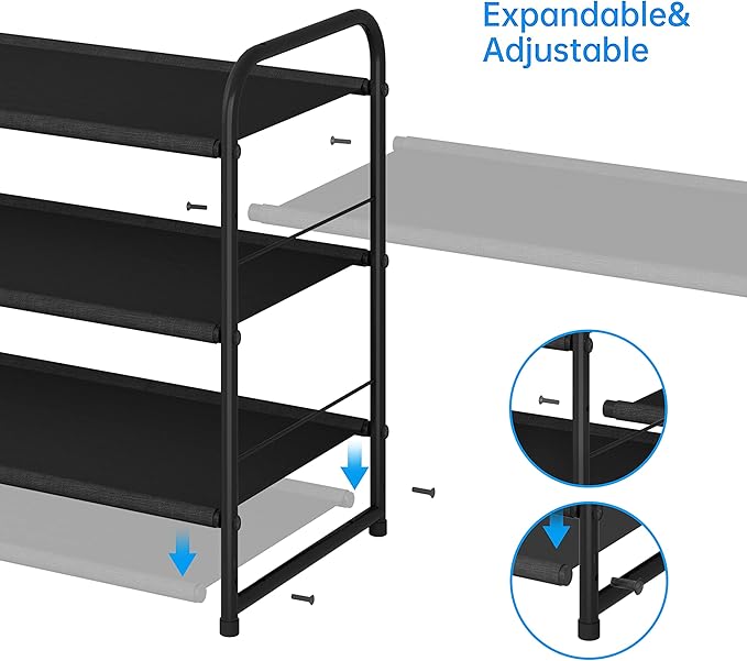 Simple Trending 3 Tier Stackable Shoe Rack, Expandable Adjustable Fabric Shoe Shelf Storage Organizer, Black