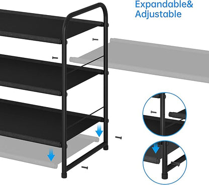 Simple Trending 3 Tier Stackable Shoe Rack, Expandable Adjustable Fabric Shoe Shelf Storage Organizer, Black