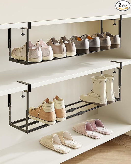 2 Pack Expandable Shoe Rack Organizer for Cabinet, Adjustable Hanging Under Shelf Storage, Sturdy Round Tube Design, Space Saving Shoe Shelf for Closet, Entryway, Laundry Room, Black