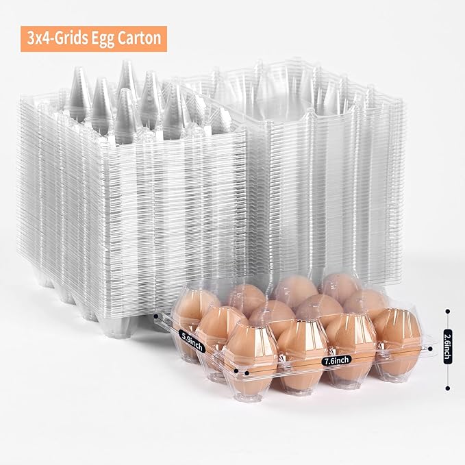 100 pc clear plastic Egg Cartons Cheap Bulk, 12 grid Reusable Eggs Carton Bulk, clear Large egg cartons,It Can Hold 2.3 oz of eggs Perfect for Family, Farm, Markets.(3x4 egg cartons)