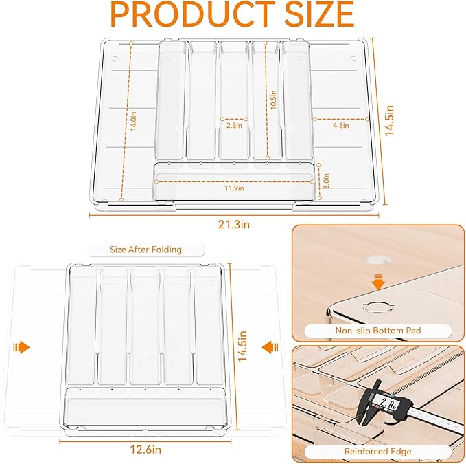 Yieach Large Clear Expandable Silverware Drawer Organizer for Kitchen,BPA FREE Adjustable Utensil Drawer Organizer and Silverware Tray,Plastic Flatware Organizers,Cutlery,Knife,Fork and Spoon Holder