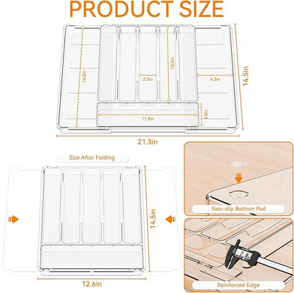 Yieach Large Clear Expandable Silverware Drawer Organizer for Kitchen,BPA FREE Adjustable Utensil Drawer Organizer and Silverware Tray,Plastic Flatware Organizers,Cutlery,Knife,Fork and Spoon Holder