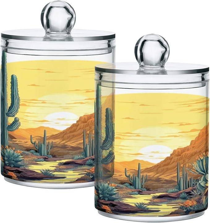 2 Pack Cactus Plants Apothecary Jars with Lid, Qtip Holder Storage Containers for Cotton Ball, Swabs, Pads, Clear Plastic Canisters for Bathroom Vanity Organization (10 Oz)