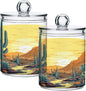 2 Pack Cactus Plants Apothecary Jars with Lid, Qtip Holder Storage Containers for Cotton Ball, Swabs, Pads, Clear Plastic Canisters for Bathroom Vanity Organization (10 Oz)