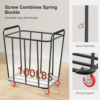 Hoctieon Large Laundry Cart with Wheels, 400L Heavy Duty Laundry Basket Organizer, Rolling Hamper Sorter for Clothes Storage, Industrial Dirty Clothes Hamper for Home & Hotel, Black