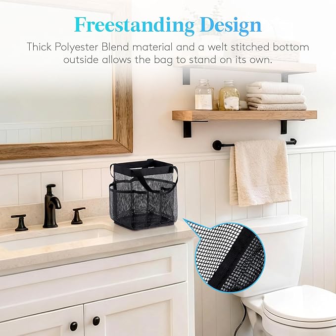 Lifewit Mesh Shower Caddy Portable for College Dorm Room Essentials with 7 Pockets, Freestanding Hanging Organizer Basket, Quick Dry Tote Bag for Camping, Bathroom, Beach, Travel, 1 Pack, Black