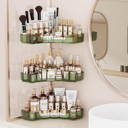 Asayuee 3-Tier Corner Bathroom Counter Organizer with Top Toothbrush Holders,Large Makeup Organizer Countertop with Brush Holder,Skincare Organizers Corner,Exquisite Vanity Organizer (Green, 3 Tier)