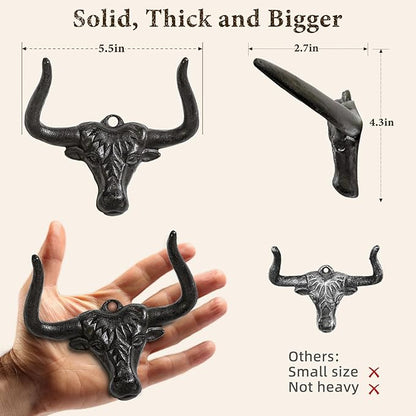 Cowboy Hat Hook for Wall 2 Pack Cast Iron Cowboy Hat Hanger Metal Hat Holder Cowgirl Hat Rack Vintage Western Wall Decor Longhorn Hooks for Hat Storage and Organization Cow Decor Western Gift Rust