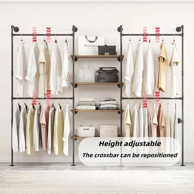 Industrial Pipe Clothing Rack, Heavy Duty Adjustable Garment Hanger with Shelves, 2 Installation Methods Closet Storage System for Wardrobe Organization (Black, 80" H x 86" W)