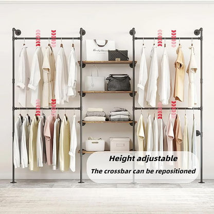 Industrial Pipe Clothing Rack, Heavy Duty Adjustable Garment Hanger with Shelves, 2 Installation Methods Closet Storage System for Wardrobe Organization (Black, 80" H x 86" W)