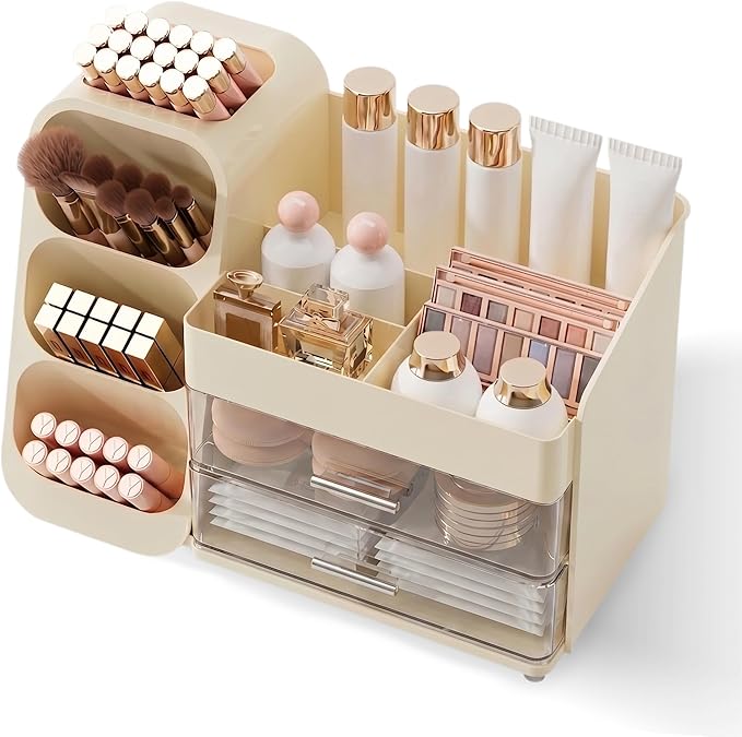 Booklov Makeup Organizer for Vanity, Large Capacity Cosmetic Display Case with Clear Acrylic Drawer, Countertop Beauty Storage Holder for Skincare, Brush Eyeshadow Lipstick Counter Desk, Crystal Cream