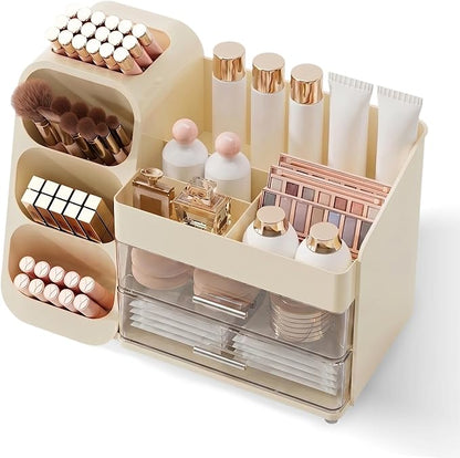Booklov Makeup Organizer for Vanity, Large Capacity Cosmetic Display Case with Clear Acrylic Drawer, Countertop Beauty Storage Holder for Skincare, Brush Eyeshadow Lipstick Counter Desk, Crystal Cream