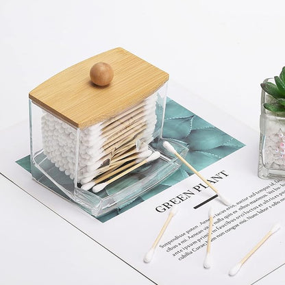 Tbestmax 2 Pack 10oz Qtip Holder Dispenser with Bamboo Lids, Big Clear Bathroom Organizer Accessories Decor for Storage-Qtips Cotton Ball Holder Apothecary Jars, Cotton Swabs, Floss Container