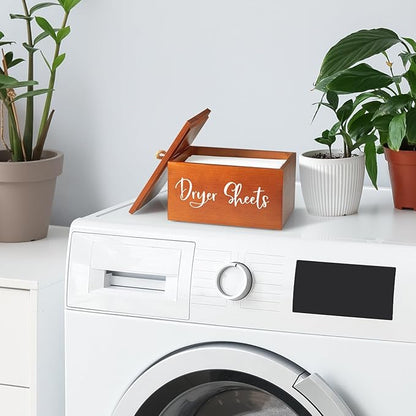 Wood Dryer Sheet Holder - Laundry Sheets Container with Lid - Farmhouse Laundry Room Organization and Storage for Laundry Room Decor and Accessories - Fabric Sheet Dispenser, Red Brown