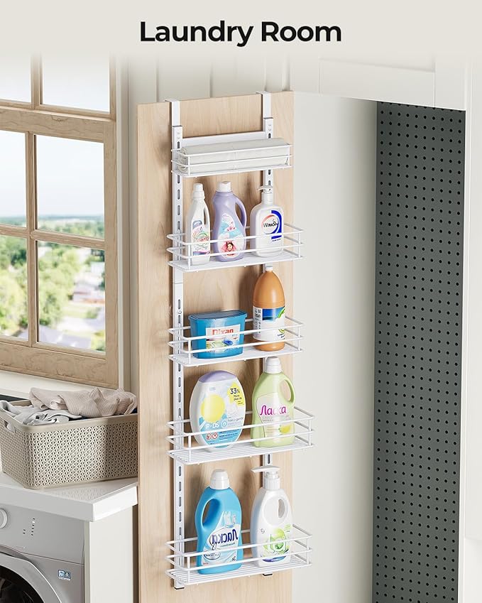 Adjustable 5-Tier Over the Door Pantry Organizer, Spice Rack, Narrow Hanging Shelf for Kitchen Storage and Organization (White)