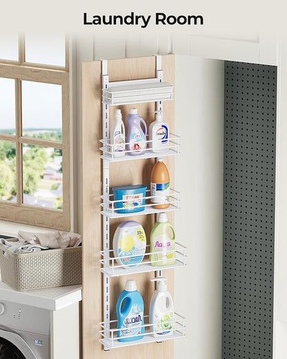 Adjustable 5-Tier Over the Door Pantry Organizer, Spice Rack, Narrow Hanging Shelf for Kitchen Storage and Organization (White)