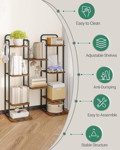 Hzuaneri 6 Tiers Vertical Shoe Rack, Narrow Shoe Tower, Tall Shoes Shelf with 2 Hooks, Adjustable Shelves, Corner Shoes Shelves for Small Spaces, Entryway, Living Room, Rustic Brown SR04201B