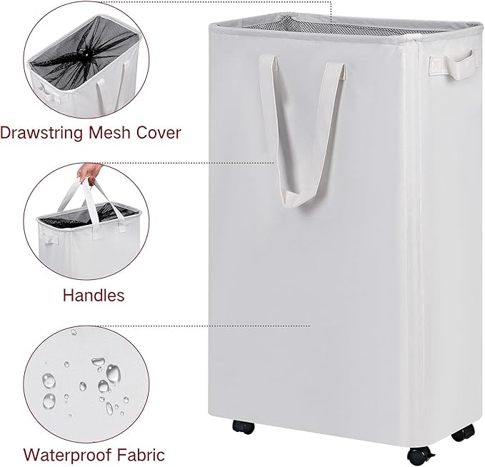 efluky Slim Laundry Hamper with Wheels, Rolling Laundry Basket for Clothes, Small Laundry Basket for Bedroom, Dorm and Laundry Room, 75L (19.8 Gallons) White