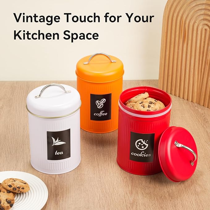 Farmhouse Coffee Canister Storage Container, 42 Oz Vintage Coffee Bean Airtight Jar with Lids, Food Tins with 12 Label Stickers, Kitchen Counter Pantry Organization for Candy Sugar Cookie Tea (Red)