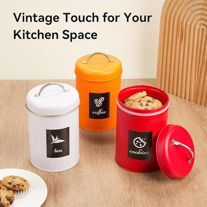Farmhouse Coffee Canister Storage Container, 42 Oz Vintage Coffee Bean Airtight Jar with Lids, Food Tins with 12 Label Stickers, Kitchen Counter Pantry Organization for Candy Sugar Cookie Tea (Red)