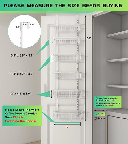 Mefirt 12 Inch Wide Narrow Over The Door Pantry Organizer, Pantry Organization and Storage, 6-Tier Metal Hanging Deep Basket Wall Spice Rack Seasoning Shelves, Home & Kitchen Essentials, White