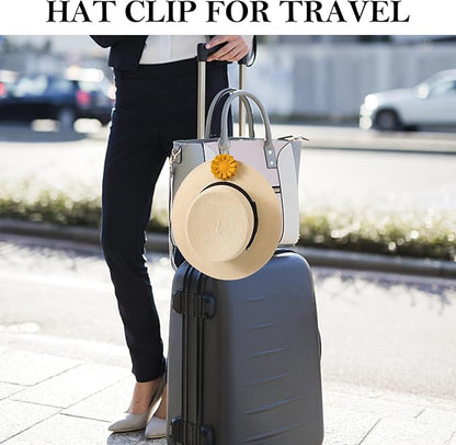 2 Pack Leather Hat Clip for Travel On Bag, Travel Hat Holder for Handbag Backpacks Luggage, Outdoor Travel Accessories Hat Bag Clip (Yellow)