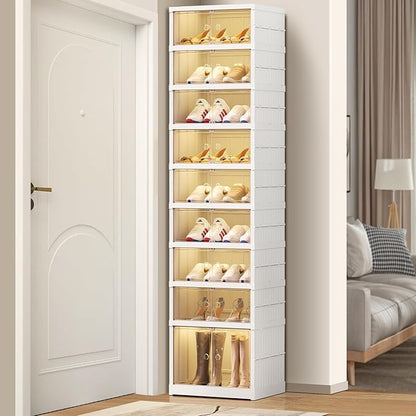 EHAMILY 9 Tier Foldable Shoe Rack Organizer for Closet 18-36Pairs Plastic Collapsible Shoe Racks Shelf Stackable Clear Folding Shoes Storage boxes for Small Spaces Narrow Shoe Storage Cabinet