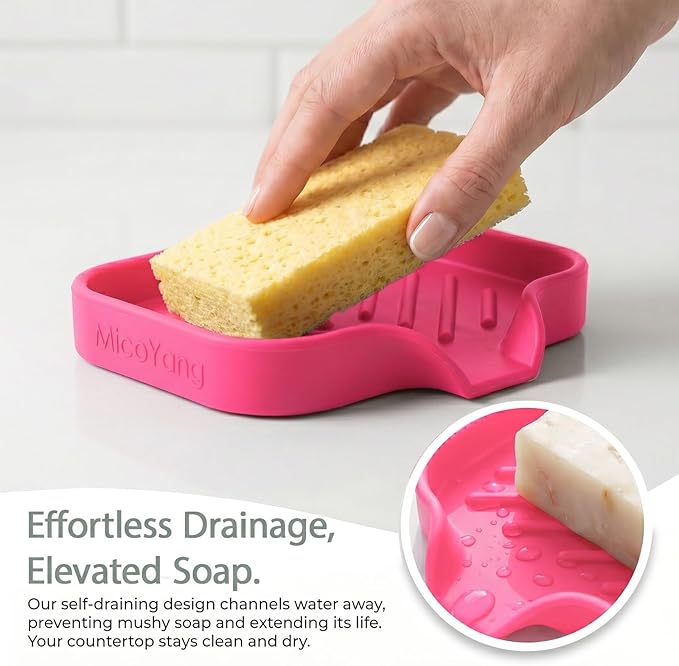 MicoYang Silicone Bathroom Soap Dishes with Drain Spout-Bathroom and Kitchen Sink Organizer,Sponge Holder,Dish Soap Tray,Perfect for Dispenser,Scrubber,Bottle,Cup on Sink or Counter-Rose 4.9"×3.2"