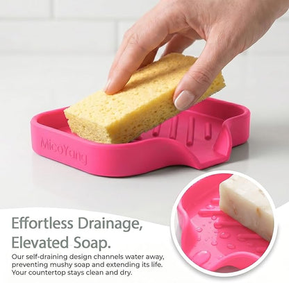 MicoYang Silicone Bathroom Soap Dishes with Drain Spout-Bathroom and Kitchen Sink Organizer,Sponge Holder,Dish Soap Tray,Perfect for Dispenser,Scrubber,Bottle,Cup on Sink or Counter-Rose 4.9"×3.2"