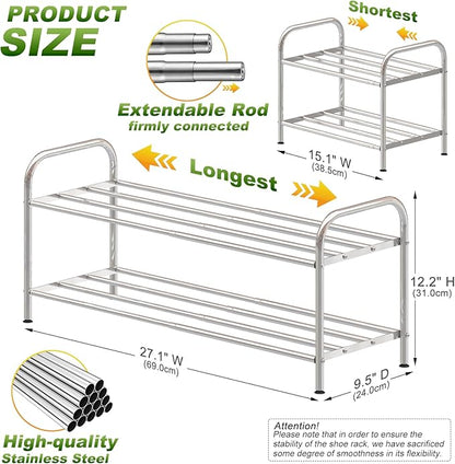 2-Tier Expandable Shoe Rack - 100% Stainless Steel,4-Rod Extendable & Adjustable Feet | Simple Stretchable Space-Saving Shelf for Small Space Closet Entryway (15" to 27", Silver)