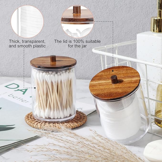 Temoyj 2 Pack Qtip Holder Dispenser with Wood Lids - 10 oz Clear Plastic Apothecary Jar Containers for Vanity Makeup Organizer Storage - Bathroom Accessories Set for Cotton Swab,Pads, Ball, Floss