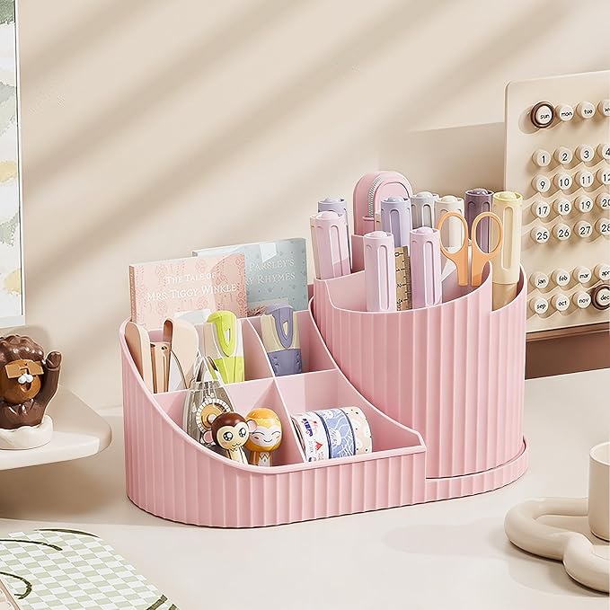 Anyoifax 360 Rotating Makeup Brush Holder Organizer with Divider 5 Slots Make Up Brushes Cup Flower-Shaped Spinning Pen Holder for Vanity, Cosmetics, Lipsticks, Pink