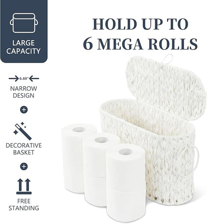 Coeusy Toilet Paper Basket,Wicker Toilet Paper Storage with Lid,Decorative Boho Wicker Basket for Bathroom,Free Standing-Cream White