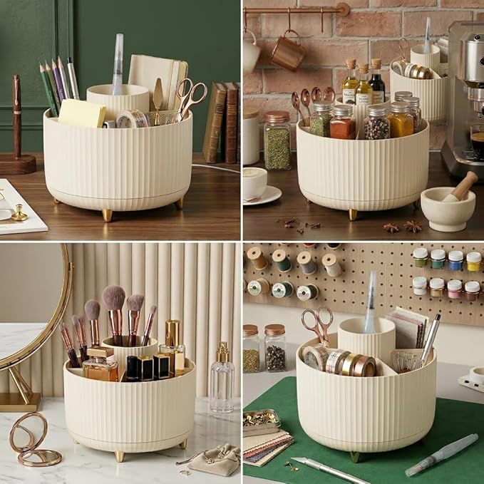360 Degree Rotating Desktop Organizer,Makeup Brushes,Pencils,Desktop Stationery Storage Rotating Rack,Premium Plastic Organizer For Office,School And Home (Cream White)