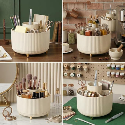 360 Degree Rotating Desktop Organizer,Makeup Brushes,Pencils,Desktop Stationery Storage Rotating Rack,Premium Plastic Organizer For Office,School And Home (Cream White)
